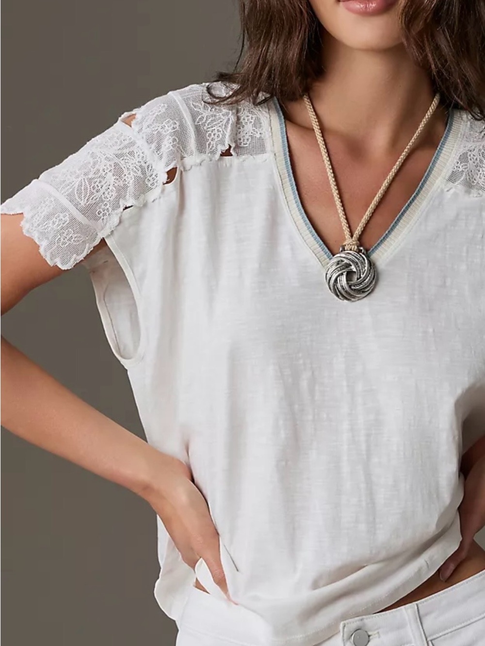 Anthropologie White Lace-Shoulder V-Neck Top